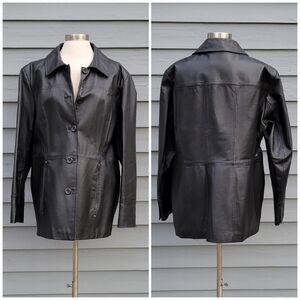 Vintage‎ 90s y2k Black Leather Button Down Moto Biker Racer Racing Midi Car Coat